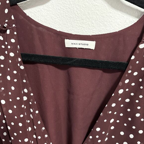Max Studio Burgundy V Neck Polka Dot Flowy Ruffle Sleeve Dress Romantic Twee S/M - Picture 3 of 7